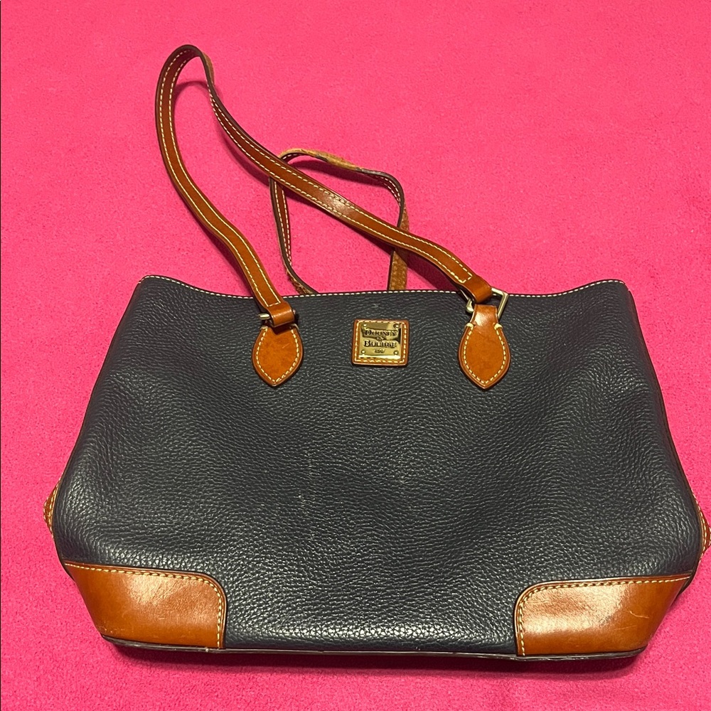 Dooney & Bourke Navy Leather Tote with Tan Trim